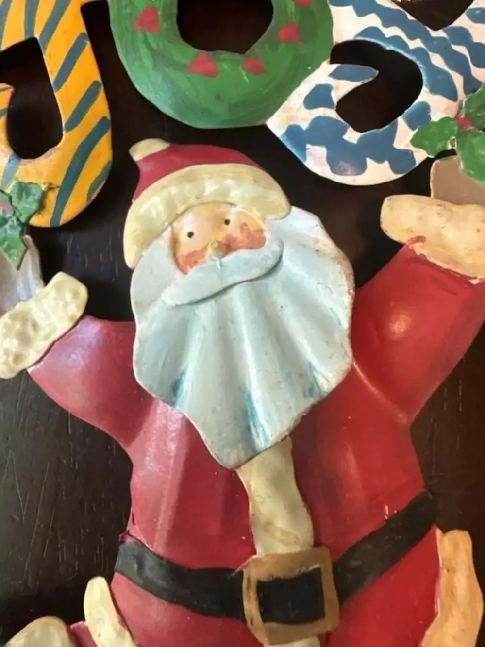 Metal Painted Santa Holding JOY Christmas Holiday Wall Hanging Ornament Decor